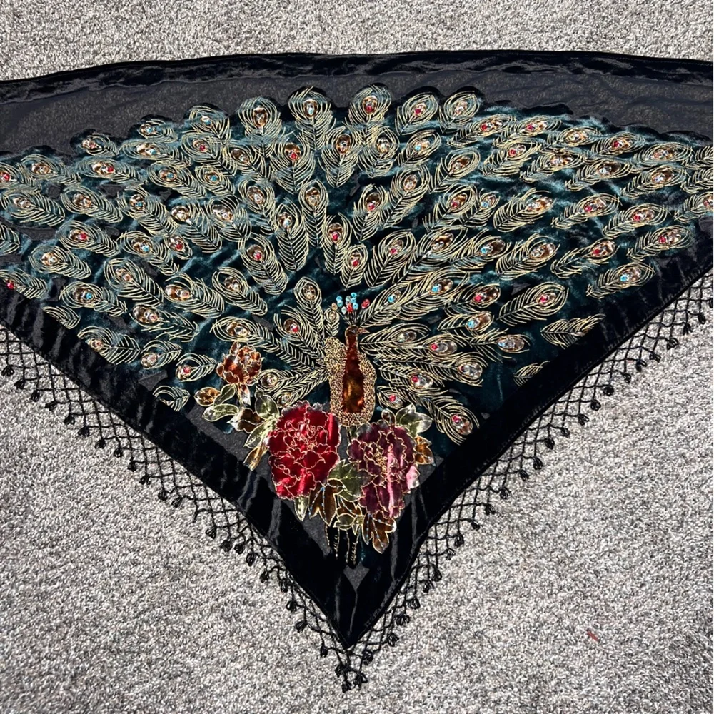 Kirks Folly Peacock & Roses Beaded Shawl Burnt out silk blend embroidered #19